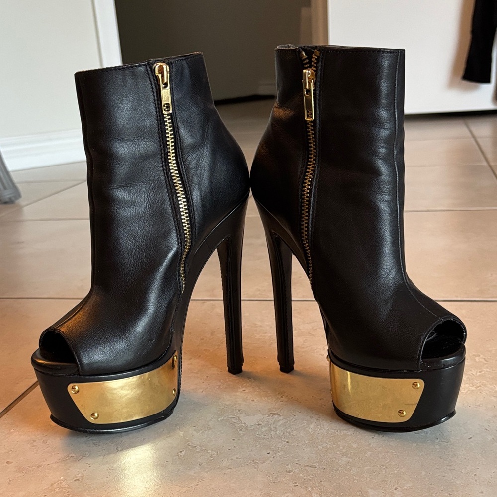 Peep Toe Black and Gold Platform Ankle Boots